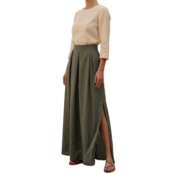 Spódnica MAXI khaki L 40 LEN BAWEŁNA Polska Produkcja guma